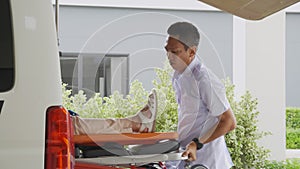 Professional team doctor and nurse or assistant hurry take the patient emergency out of ambulance for send to hospital.