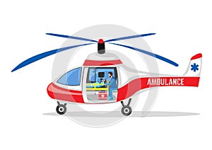 professional team of paramedics delivers a patient by helicopter to the hospital