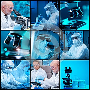 Professional team of scientists is working on a new vaccine in a modern scientific research laboratory. Genetic engineer