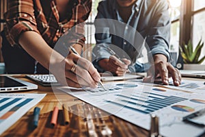 Professional team working together on financial statistics and graphs during a strategic business meeting