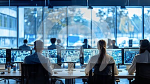 Professional IT technical support specialists working on computers in monitoring control room