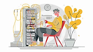Professional IT Technician Connecting Network Cable in Flat Vector Illustration