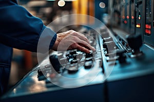 Professional technician operating advanced control panel in industrial environment.