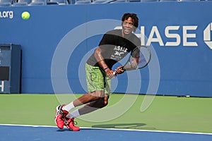 Professional tennis player Gael Monfis of France practices for US Open 2015