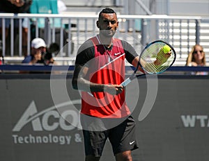 Professional tennis player Nick Kyrgios of Australia in action during his 2022 Miami Open round of 16 match