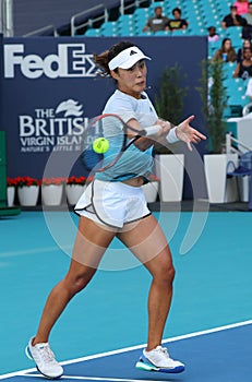 Professional tennis player Qiang Wang of China in action during her quarter-final match at 2019 Miami Open at Hard Rock Stadium