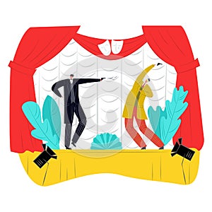 Professional theater actor male character play drama theatrical performance, wooden stage flat vector illustration