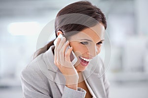 Professional, thinking and happy phone call with woman in office with communication on investment. Investor, smile and