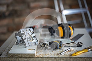 Professional tools and accessories of a carpenter for woodworking