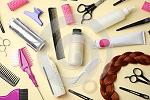 Professional tools for hair dyeing on background, flat lay