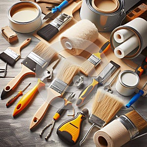 Professional tools for home decor and painter, close up. Generated AI