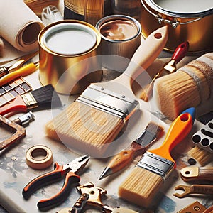 Professional tools for home decor and painter, close up. Generated AI
