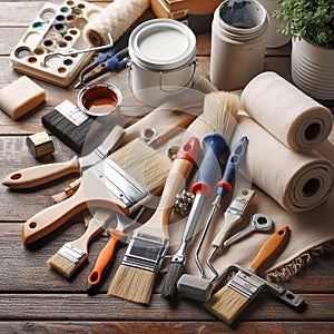 Professional tools for home decor and painter, close up. Generated AI