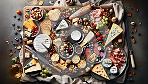 Professional top-down view of a gourmet cheese and charcuterie board with a variety of cheeses, cured meats, nuts