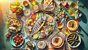 Professional top-down view of a Mediterranean summer feast, featuring grilled fish, Greek salad, hummus with pita, and