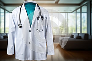 Professional touch Doctors lab coat, stethoscope enhance medical background