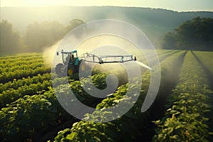 Professional tractor spraying pesticides on a bountiful and vibrant vegetable field for pest control