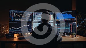 Professional trader analyzing financial data on multiple monitors displaying stock market charts, graphs, and trading platforms in