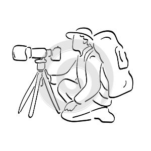 Professional travel photographer with camera big lens tripod illustration vector hand drawn isolated on white background line art