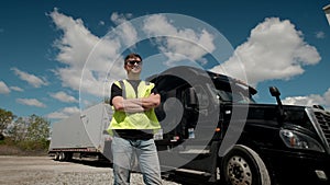 Professional Truck Driver in a yellow waistcoat approaches his truck and crosses his arms Behind Him Parked Long Haul