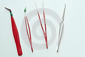 Professional tweezers, set for precision work in electronics