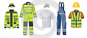 Professional uniform. Realistic work wear with helmet and reflective protective stripes. Isolated coveralls and