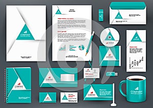 Professional universal green branding design kit with triangle origami element.