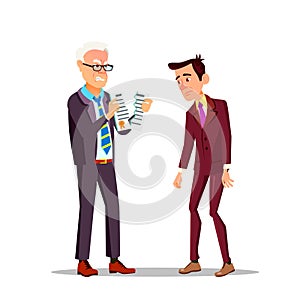 Professional Unsuitability. Angry Boss Breaking Into Pieces A Diploma Of Young Employee In Business Suit Vector Flat