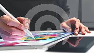 Professional uses a stylus on a tablet for digital design or work.