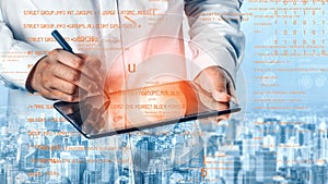 Professional analysis of data and technology with a digital tablet in urban setting, showcasing innovation and modern