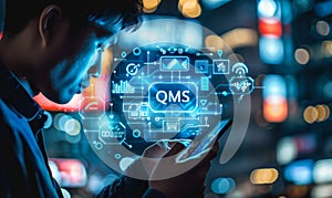 Professional utilizing digital interface to manage Quality Management System QMS icons for operational excellence compliance photo