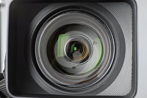 Professional video camera, closeup view of lens