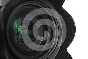 Professional video camera, closeup view of lens
