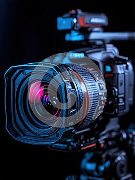 Professional video camera lens with complex optics and design.