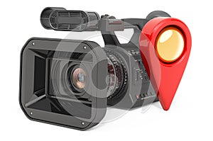Professional video camera with map pointer, 3D rendering