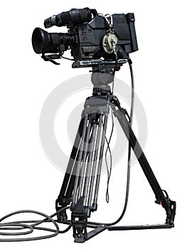 Professional video camera set on a tripod isolated over white