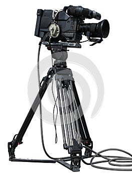 Professional video camera set on a tripod isolated over white