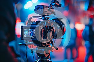 Professional video camera on a tripod in a vibrant studio environment