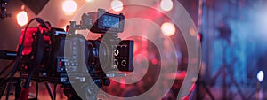 Professional video camera in a vibrant studio setup