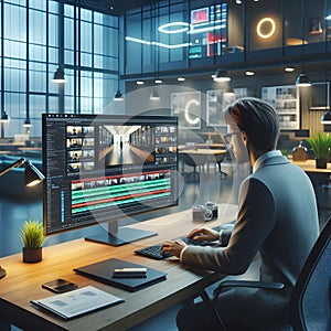 Professional Video Editor Working on a Project in a Modern Office Environment