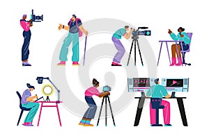 Professional video makers and editors set, flat vector illustration isolated.