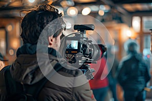 Professional videographer filming an indoor event