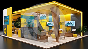 Professional visualization of a large company exhibition stand ready to receive brands and advertisements.