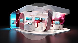 Professional visualization of a large company exhibition stand ready to receive brands and advertisements.