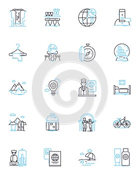 Professional voyages linear icons set. Expedition, Safari, Trek, Adventure, Exploration, Journey, Pilgrimage line vector