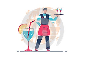 Professional waiter holding tray with drinks