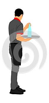 Professional waiter holding tray with order drinks for guests vector. Servant in restaurant taking orders. Worker in pub serve.