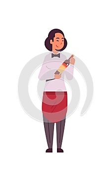 Professional waitress holding bottle of wine woman restaurant worker in red apron offering alcohol drink flat full