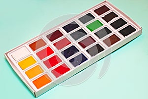 Professional watercolor paints in cuvettes. Multi-colored paints for artists.
