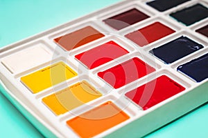 Professional watercolor paints in cuvettes. Multi-colored paints for artists.